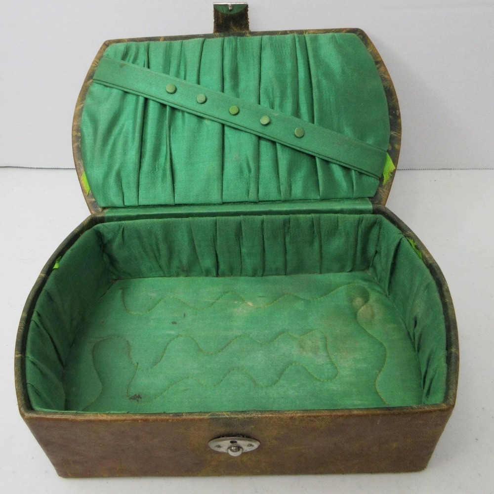 Vtg Leather Trinket Jewelry Box Green Silk Lined Vanity Dresser Case Japan